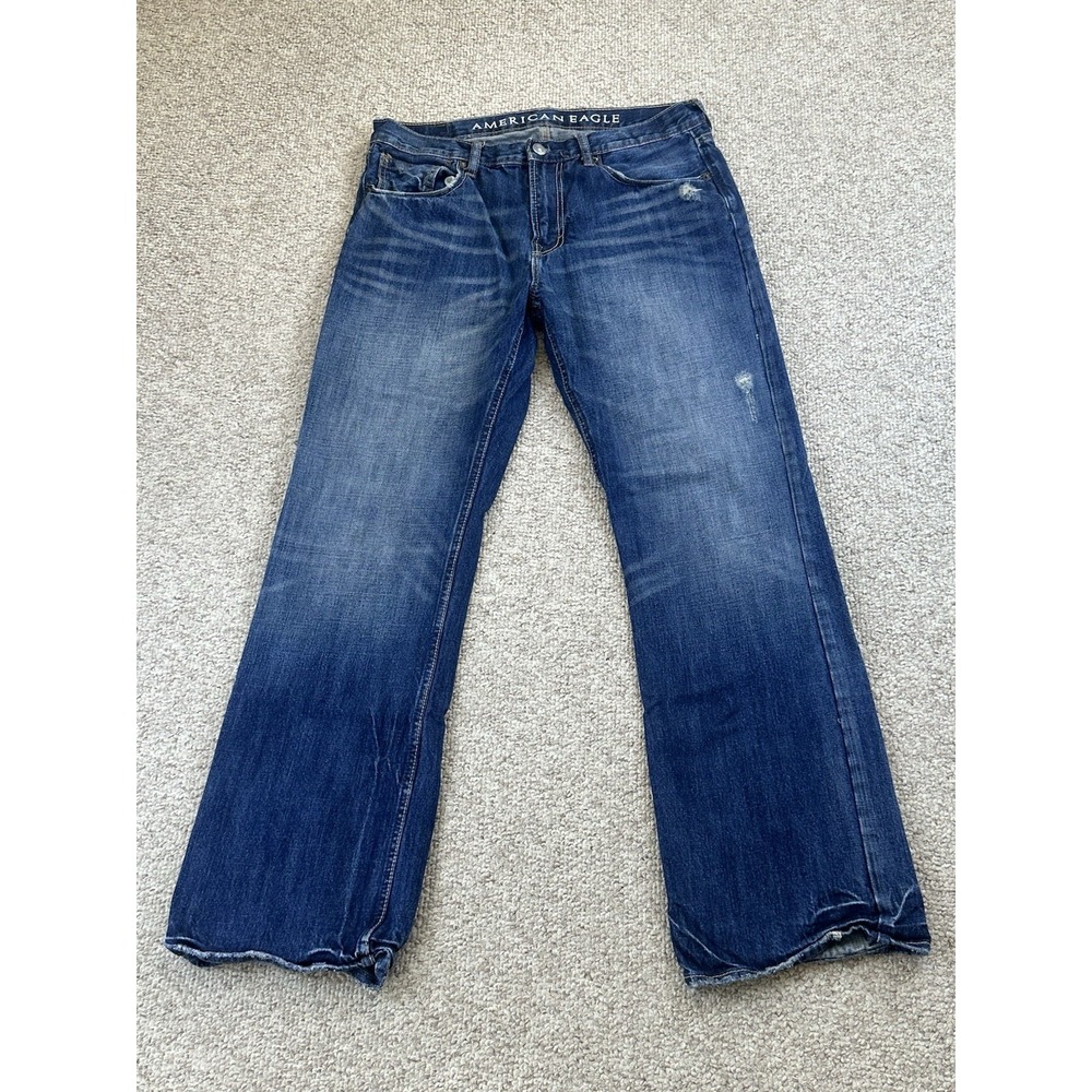 American Eagle Low Rise Boot Cut Jeans Men's Size 34x32 Distressed Blue Hipster